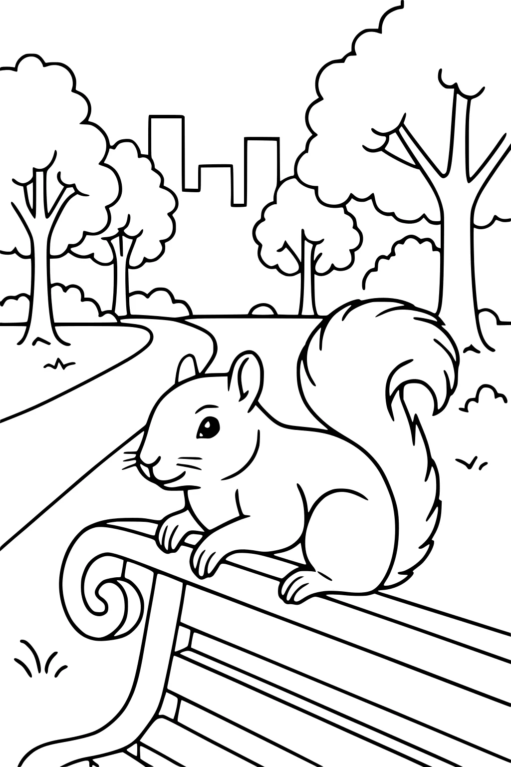 Squirrel sitting on a park bench with trees and city skyscrapers in the background.
