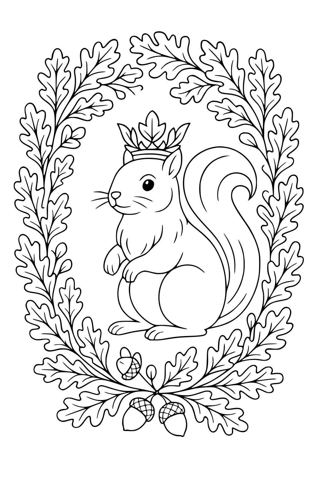 Squirrel wearing an oak leaf crown, sitting inside a border of oak leaves and acorns.