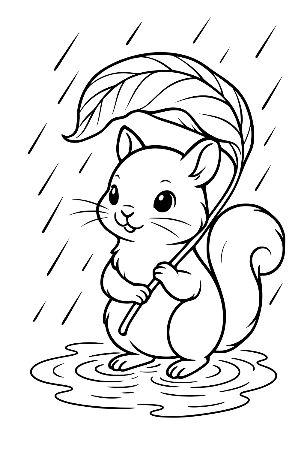 Squirrel holding a large leaf as an umbrella, standing in a puddle with rain falling around.