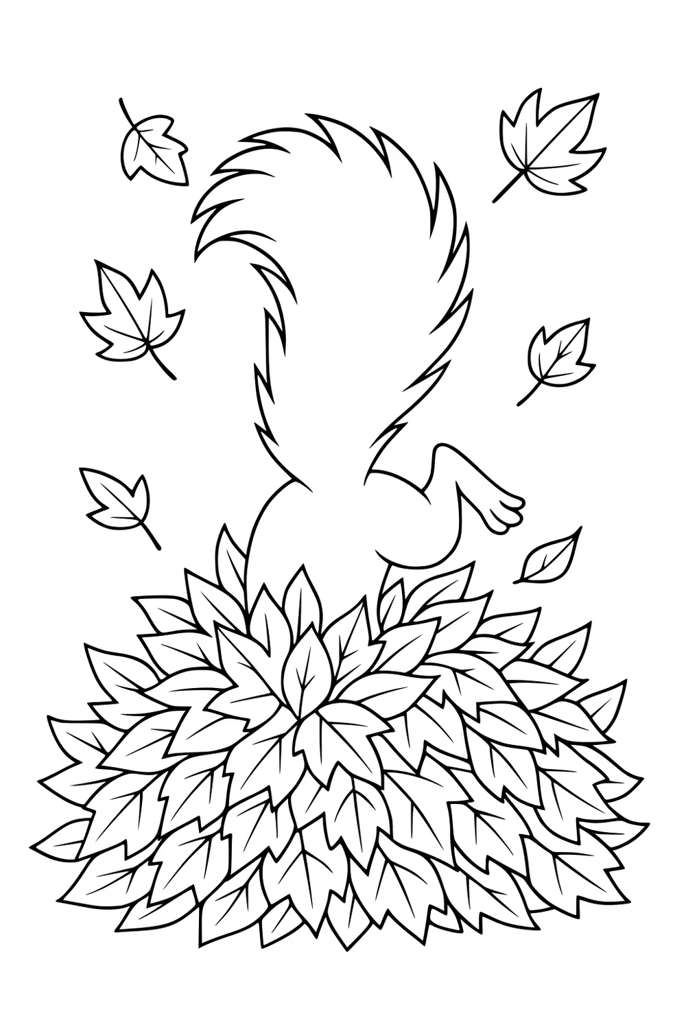 Squirrel diving headfirst into a large pile of leaves with six maple leaves falling around.