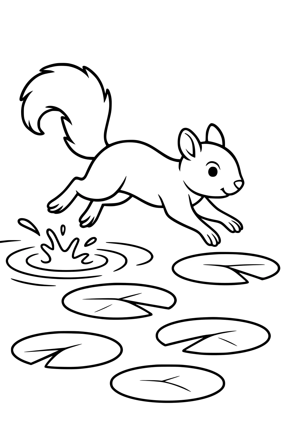 Squirrel leaping over lily pads on water with a splash behind and bushy tail raised.