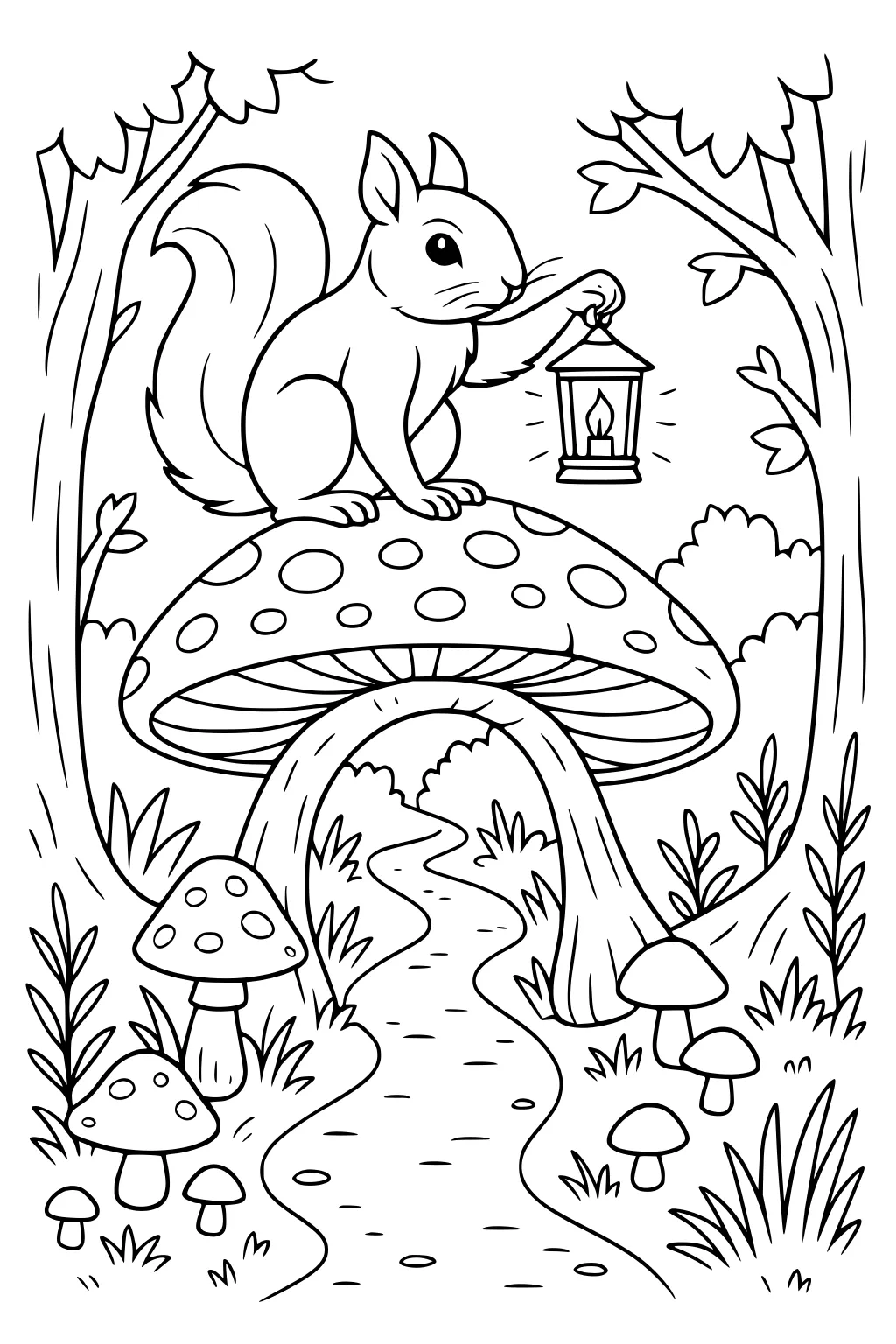 Squirrel holding a lantern sits on a large mushroom with a forest, trees, and winding path in the background.