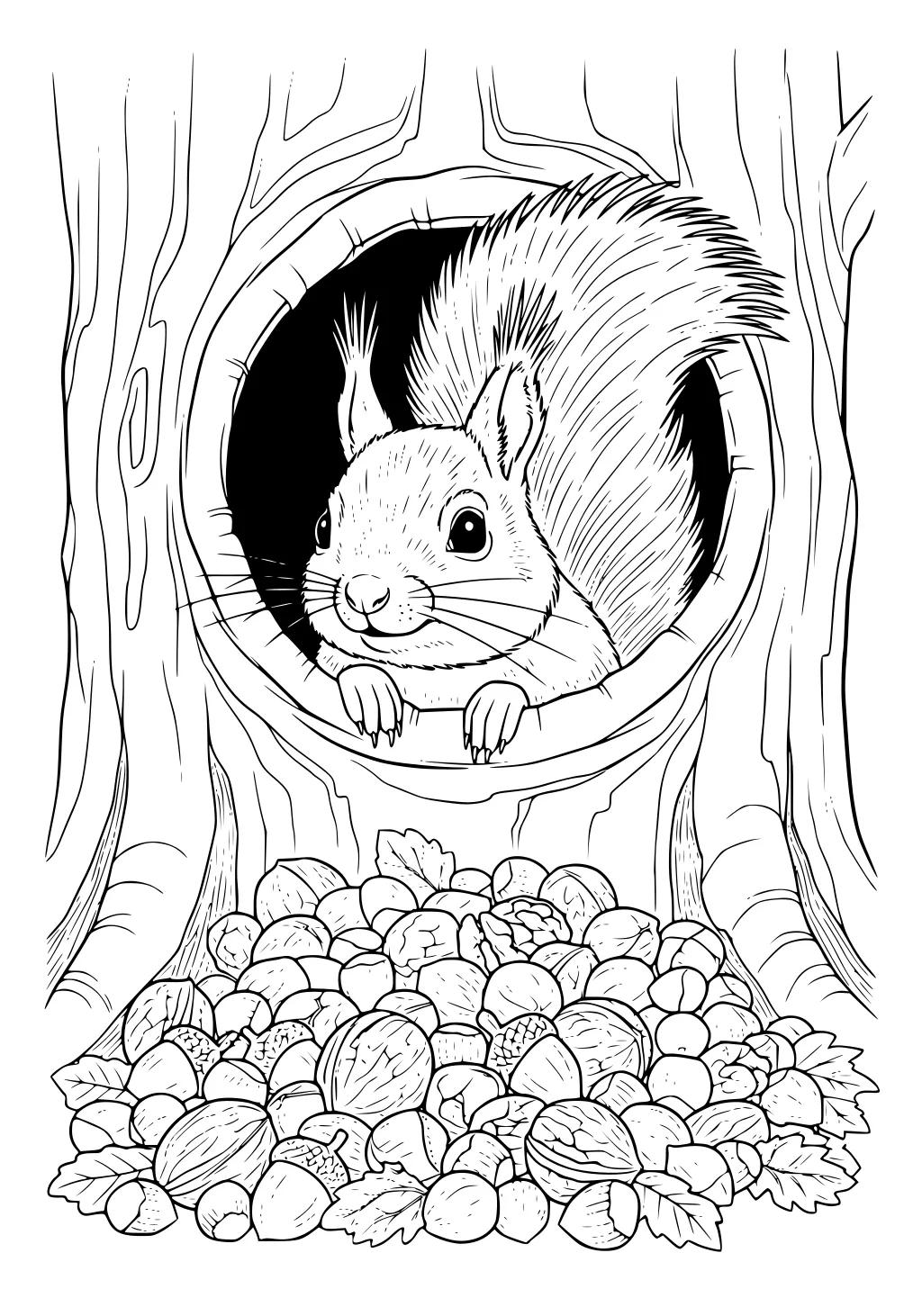 Squirrel peeking from a tree hole with a fluffy tail, acorns and nuts piled below inside tree bark.