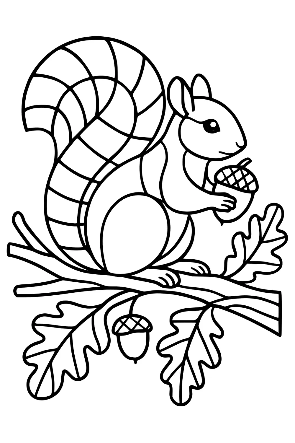 Squirrel with bushy striped tail holding an acorn on a branch with oak leaves and another acorn hanging below.