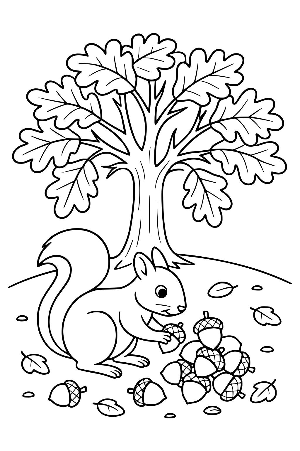 A squirrel gathers acorns near a large oak tree with many leaves and scattered acorns and leaves on the ground.