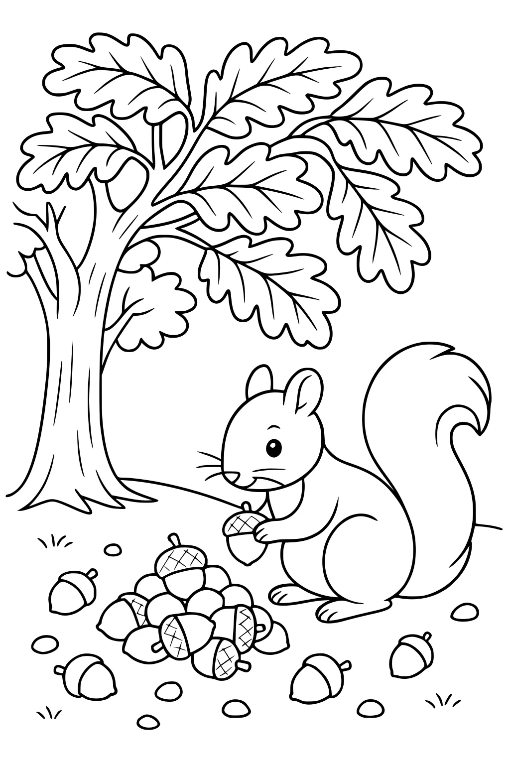 Squirrel holding an acorn beside an oak tree, surrounded by a pile of acorns and leafy branches.