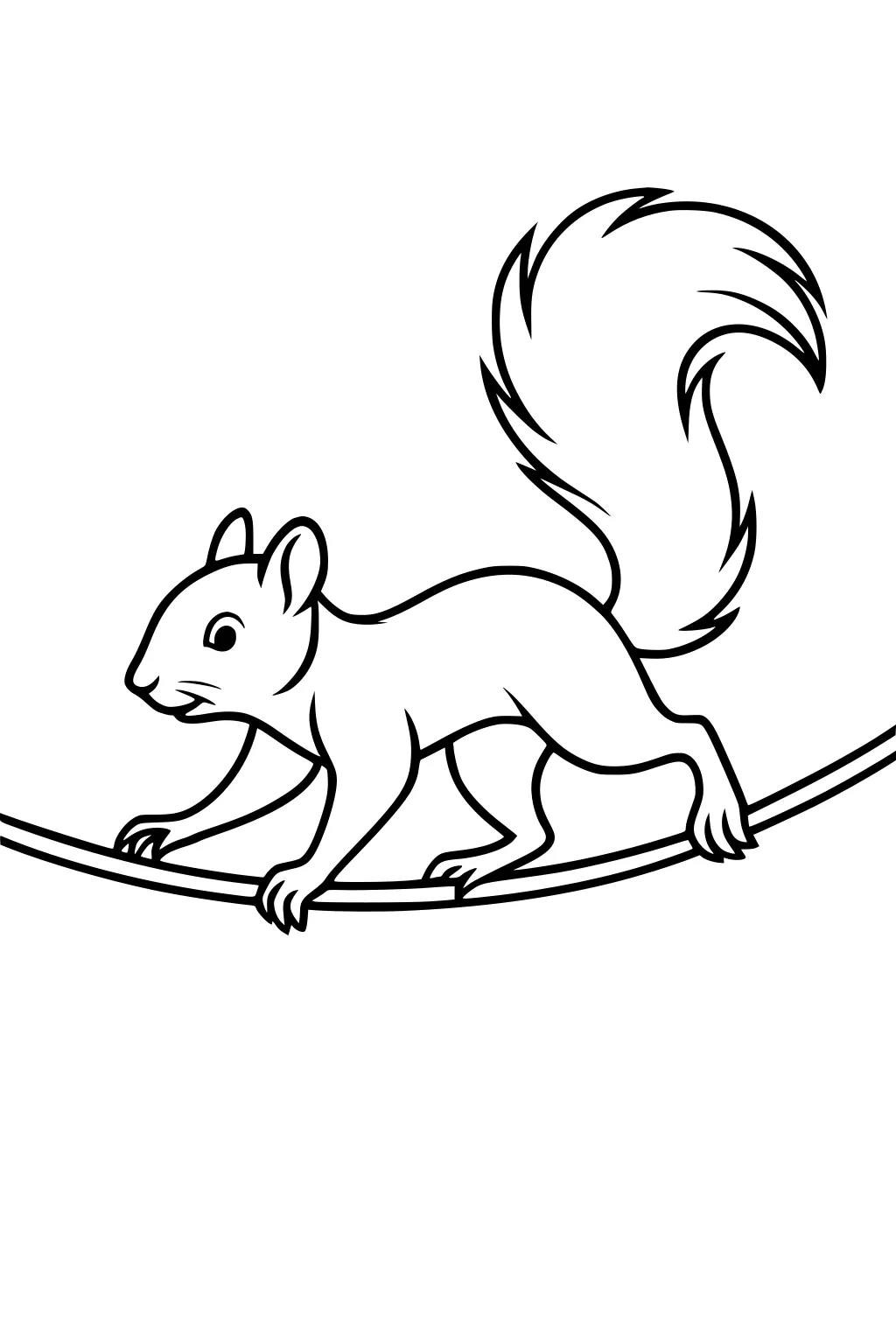 Squirrel with big tail walking on a curving branch, shown in simple black outline.