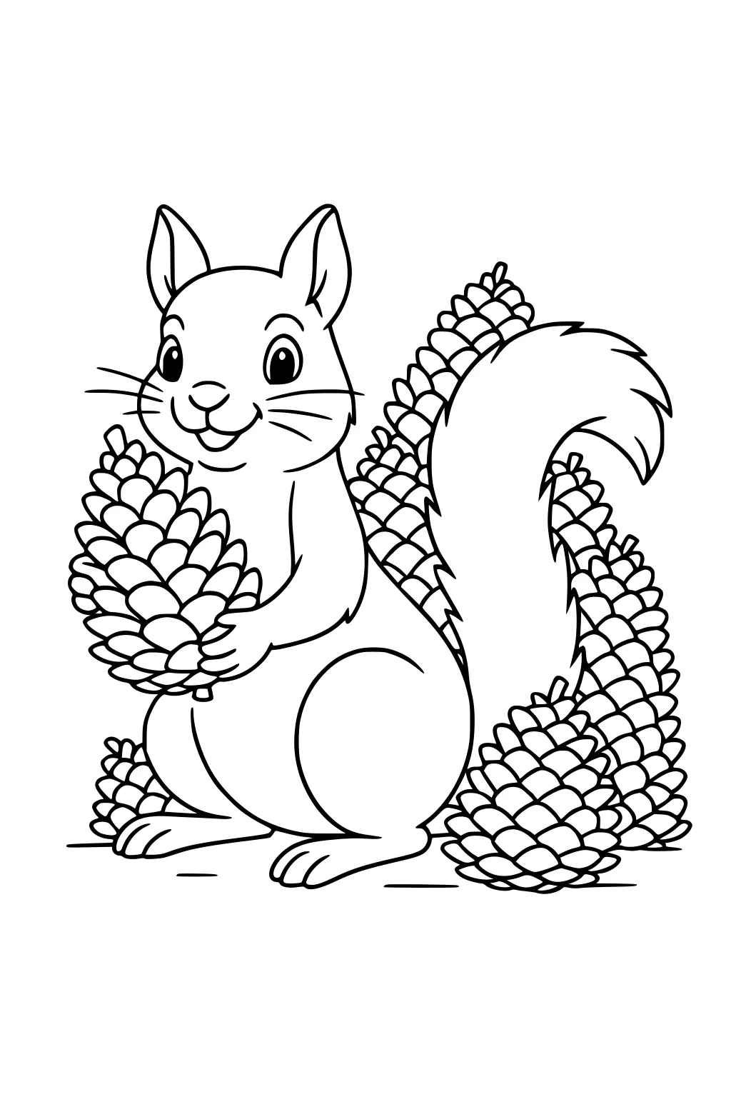 Squirrel holding a big pinecone, surrounded by more pinecones and showing a fluffy tail.