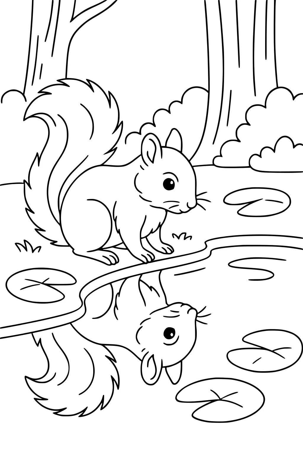 A squirrel looks at its reflection in a pond, surrounded by trees, bushes, and floating lily pads.