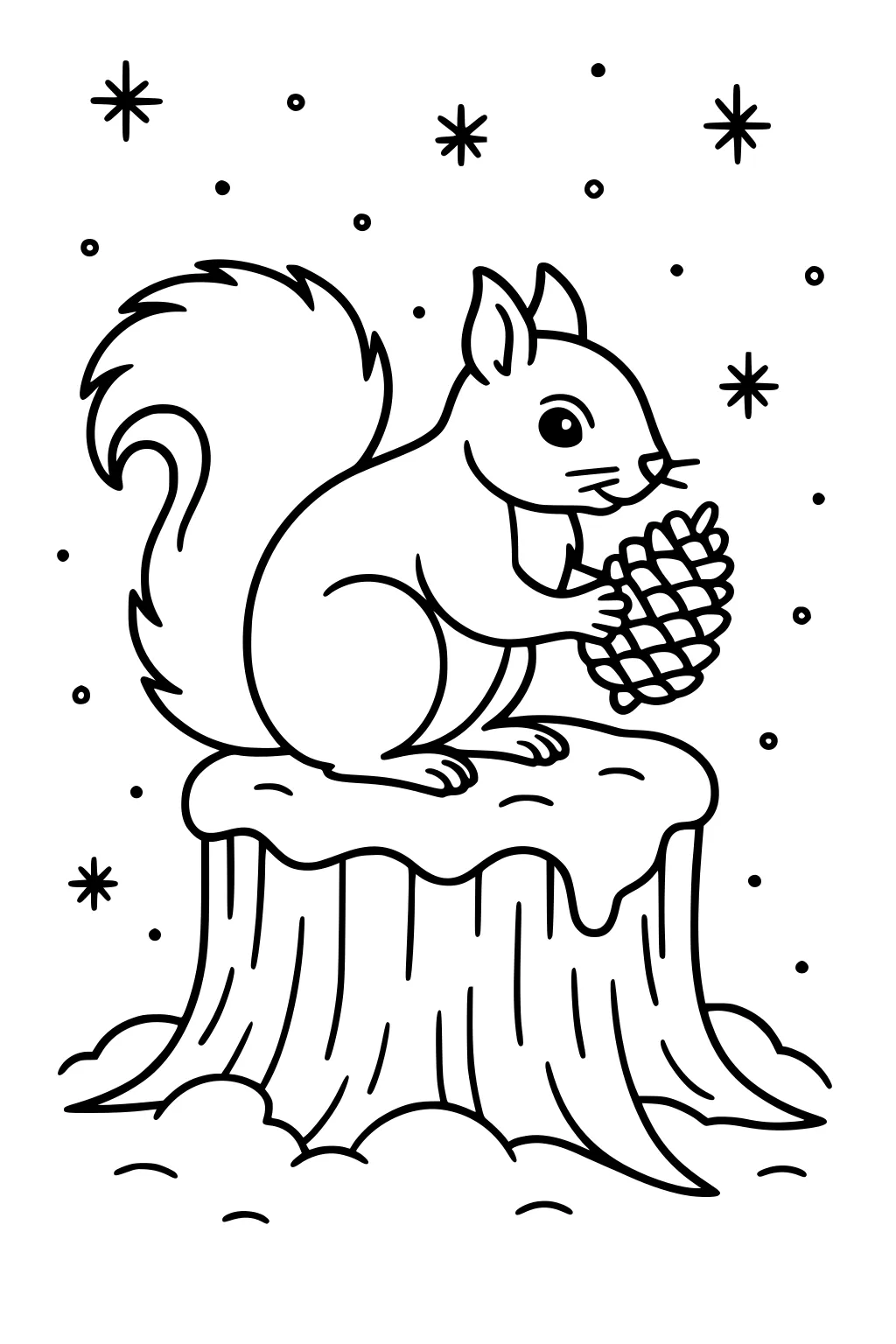 Squirrel holding a pinecone on a snowy tree stump with snowflakes falling around.