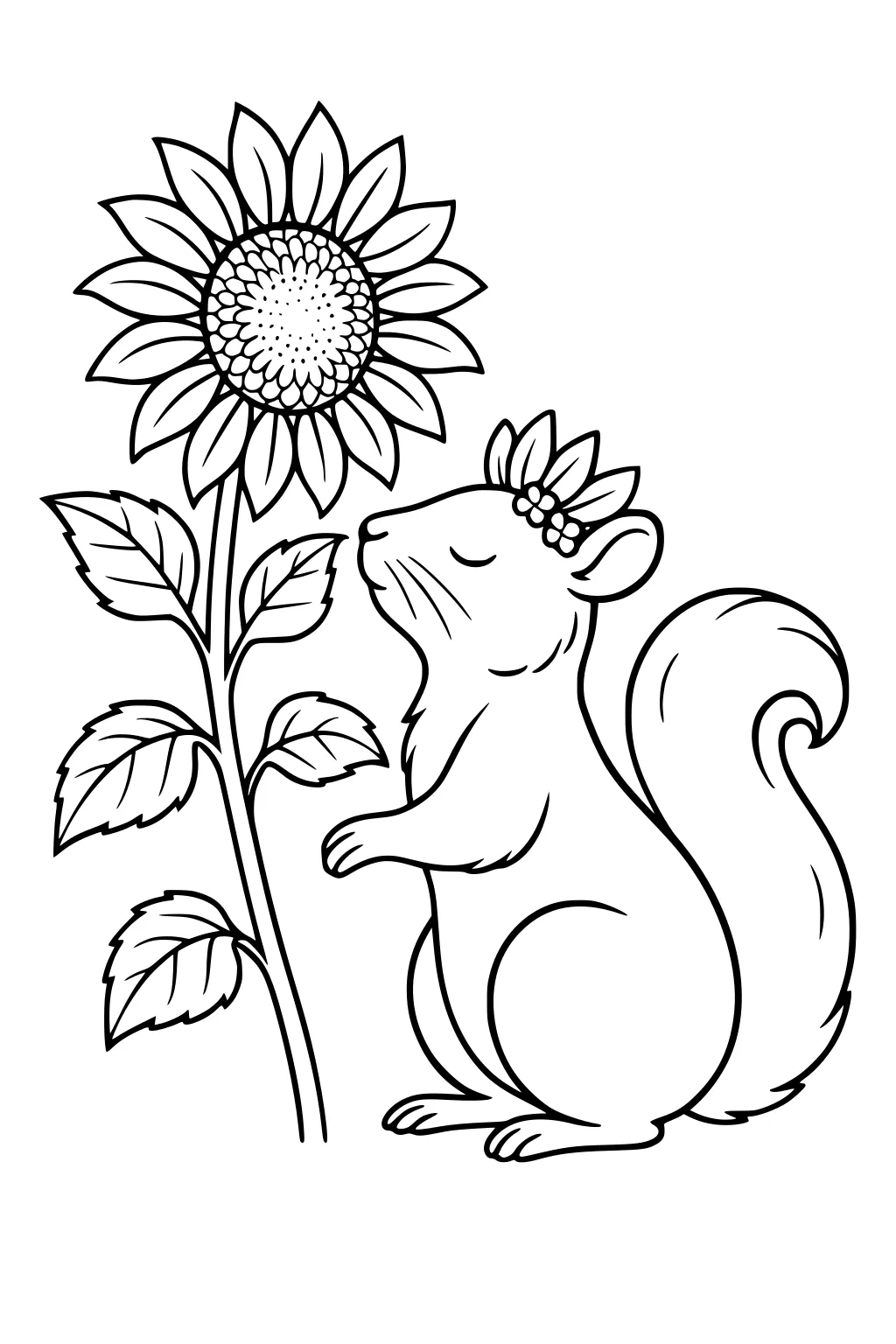 Squirrel with flower on head sitting next to large sunflower with wide petals and leafy stem.