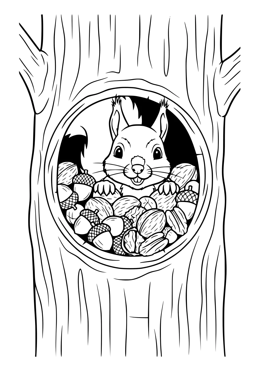 Squirrel peeking out from a tree hollow filled with acorns and walnuts inside a wide tree trunk.