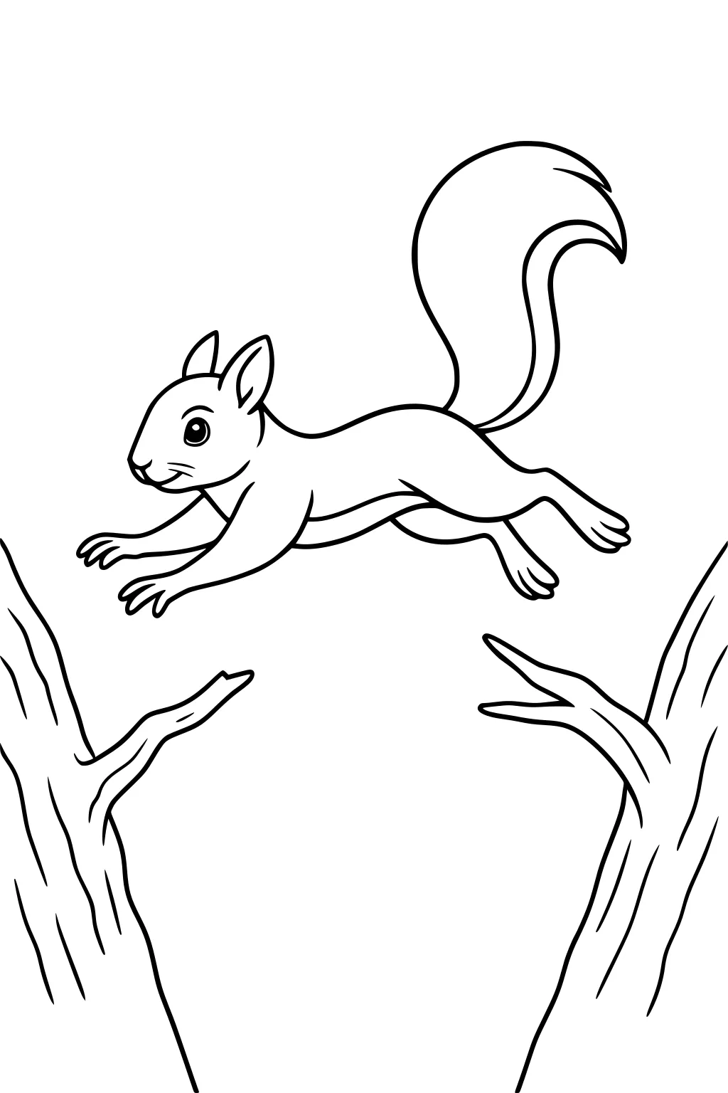 Squirrel with a bushy tail jumping between two tree trunks with outstretched branches.