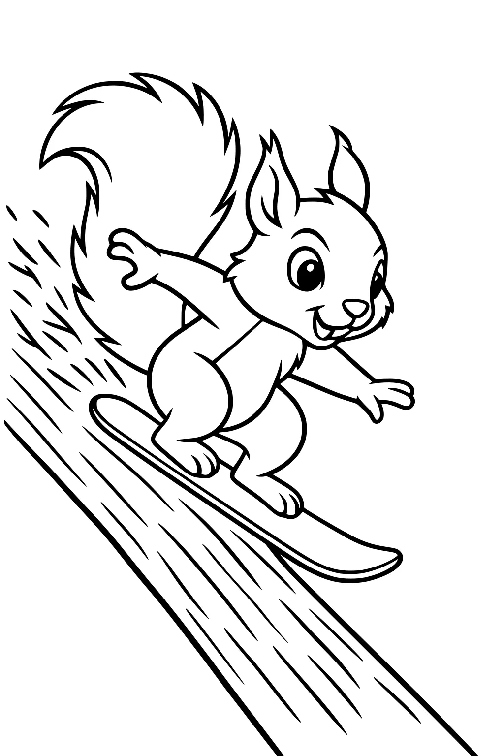 Cartoon squirrel with fluffy tail skateboards down a tree trunk, smiling with arms outstretched.