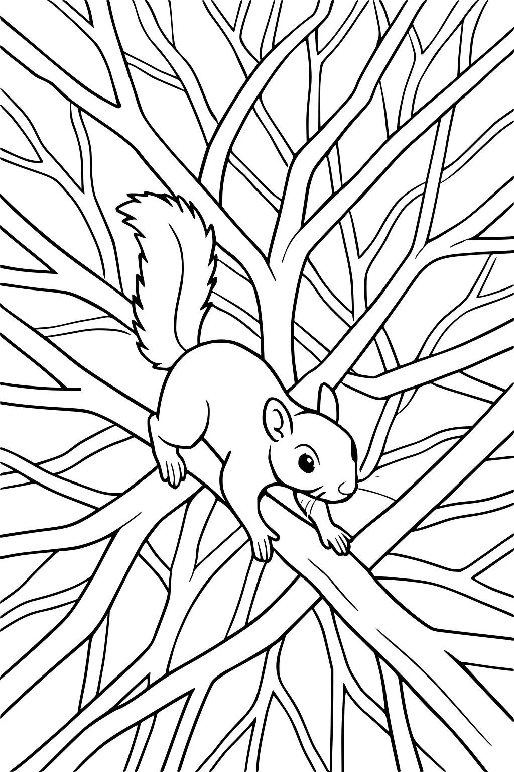 A squirrel with a bushy tail stands on a large tree branch, with many empty branches filling the background.