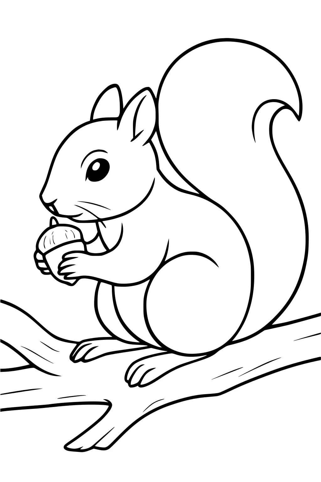 Squirrel sitting on a tree branch holding an acorn, with a big tail and rounded shapes.