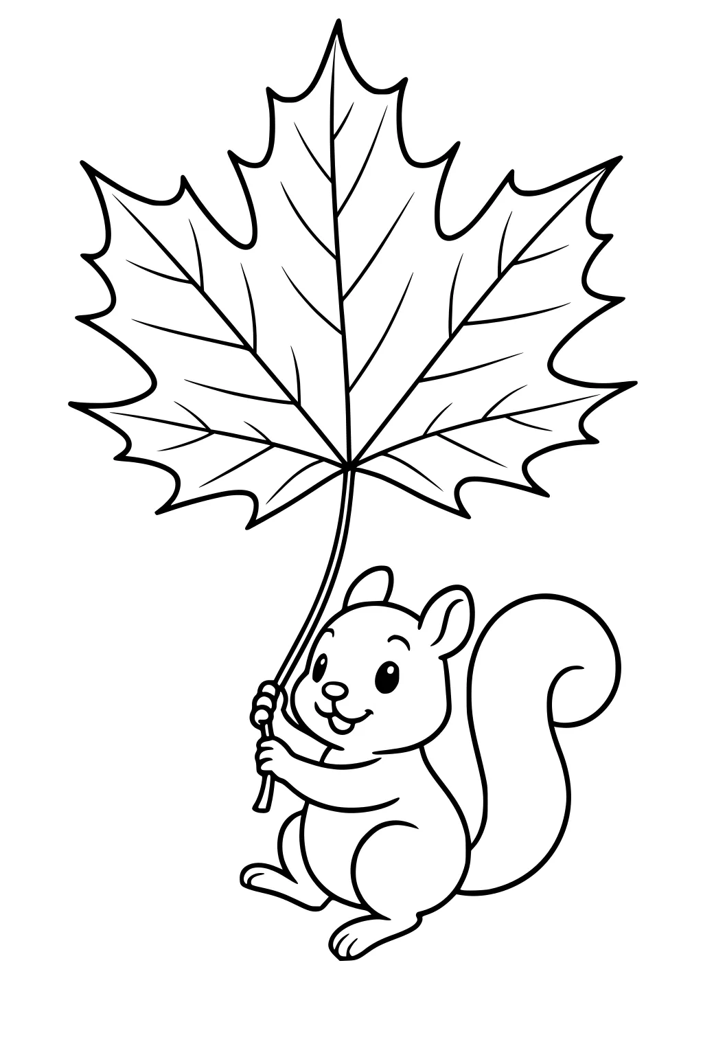 Cartoon squirrel holding up a large maple leaf while sitting with a big fluffy tail and a cheerful face.