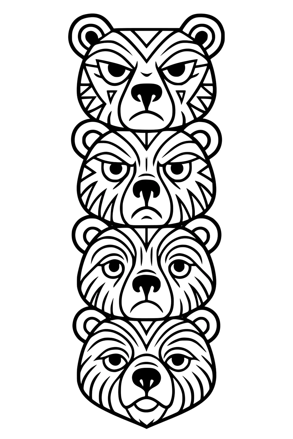 Four bear faces stacked in a totem with bold tribal-style lines and serious expressions.
