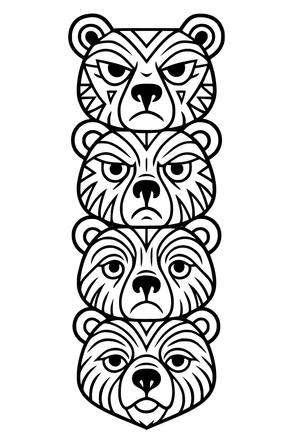 Four bear faces stacked in a totem with bold tribal-style lines and serious expressions.