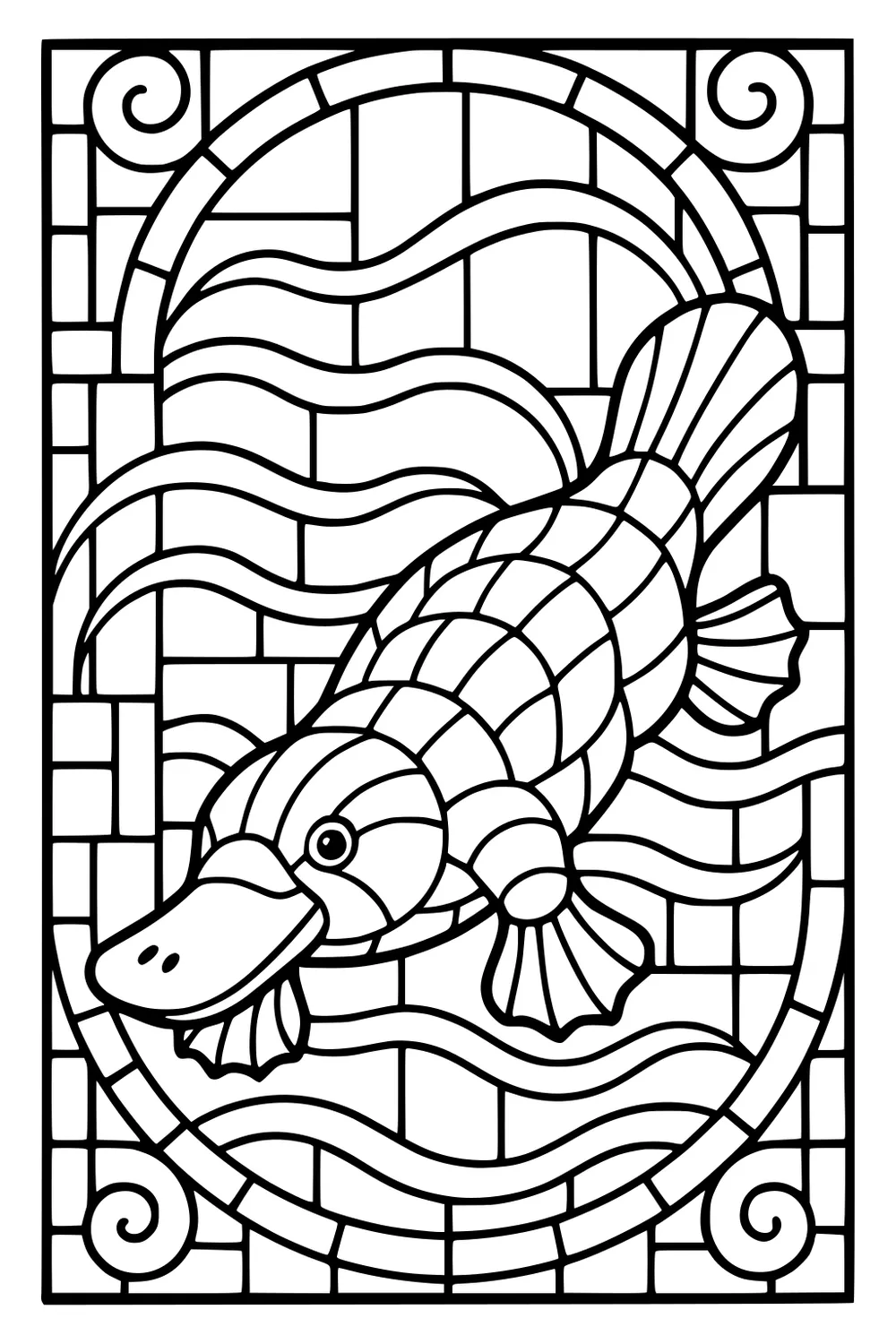 Cartoon platypus swims in stylized water with bold lines and geometric background details.