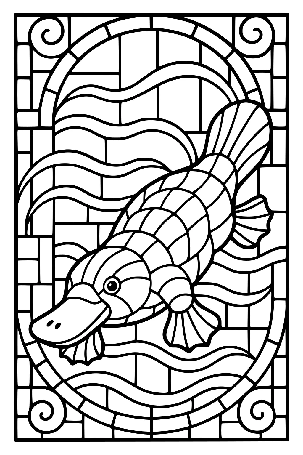 Cartoon platypus swims in stylized water with bold lines and geometric background details.