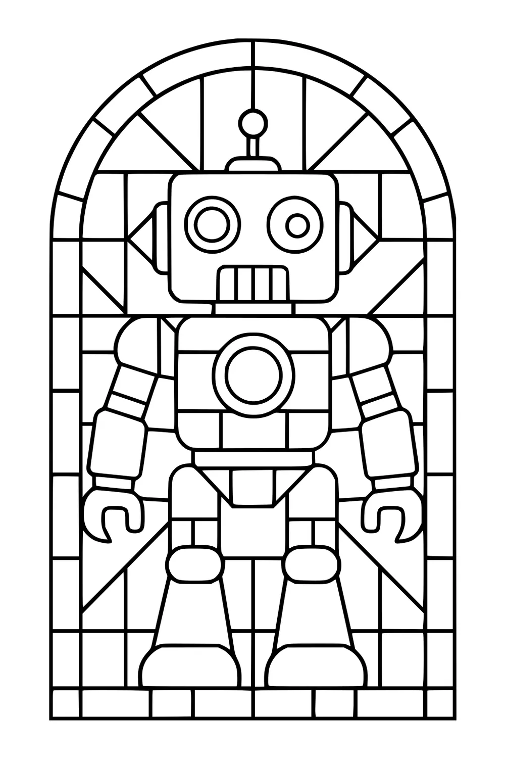 Cartoon robot with square head, antenna, round eyes, and claw hands inside an arched geometric stained-glass style frame.
