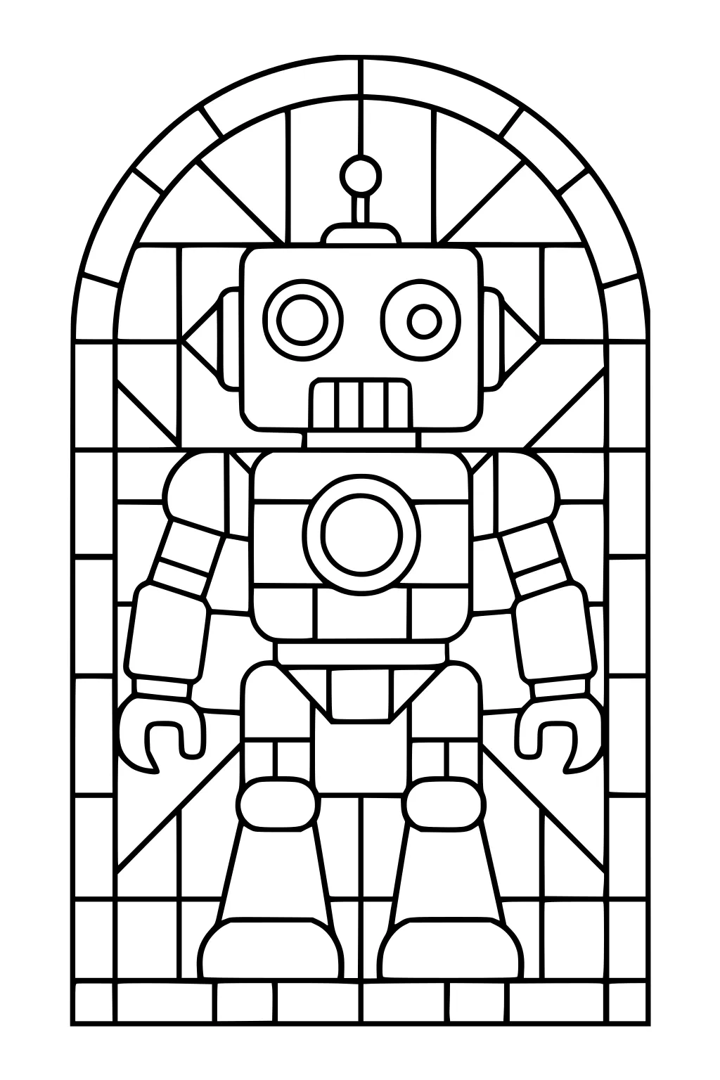 Cartoon robot with square head, antenna, round eyes, and claw hands inside an arched geometric stained-glass style frame.