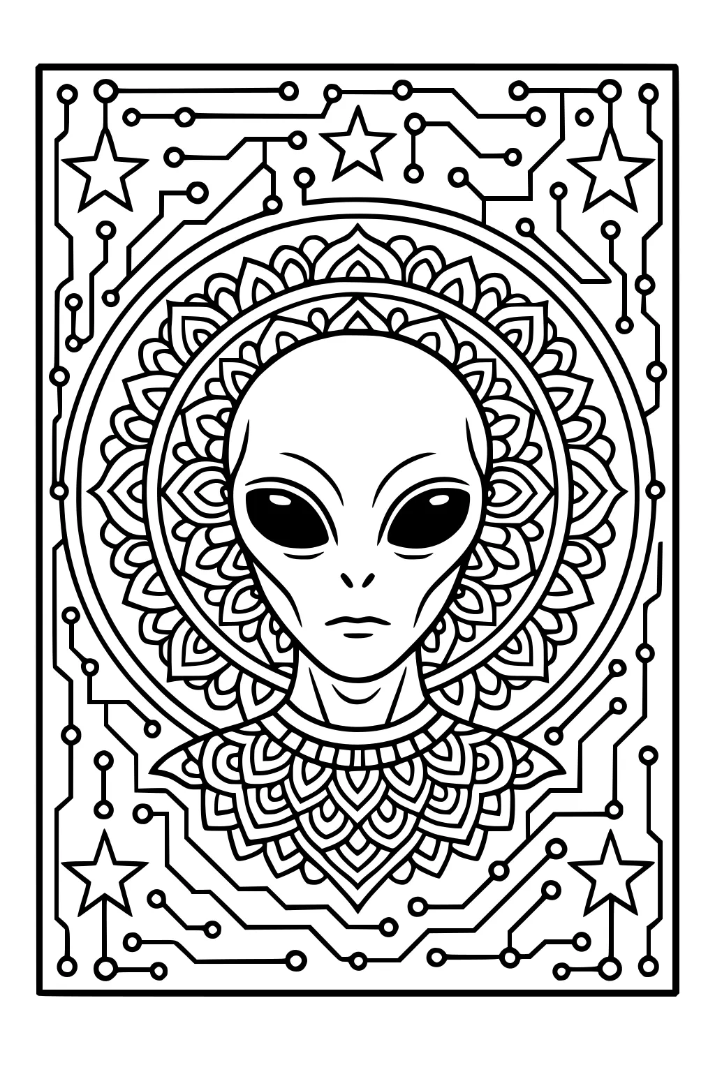 Alien portrait with large eyes inside a mandala circle, detailed collar, and a circuit-board border with stars in the corners.
