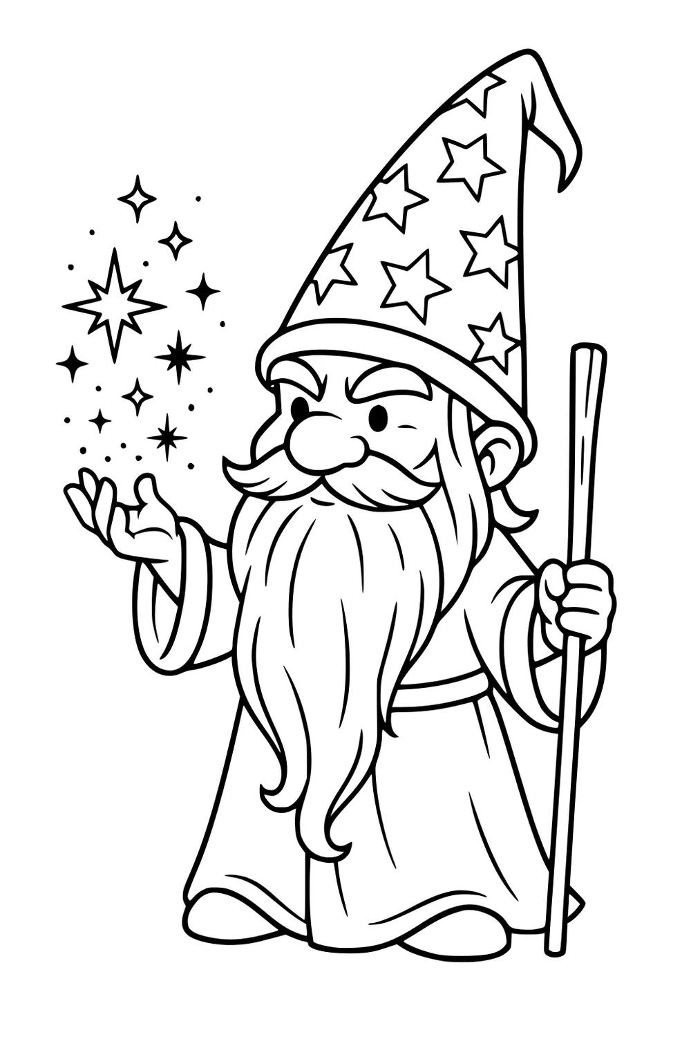 Gnome wizard with starry pointed hat and long beard holding a staff, raising one hand as sparkling stars float to his side.