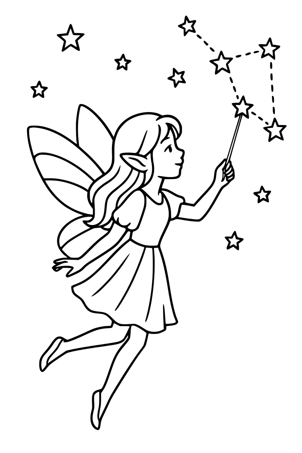 Fairy girl with wings flies and traces a dotted constellation with a wand among stars, wearing a dress and slippers.