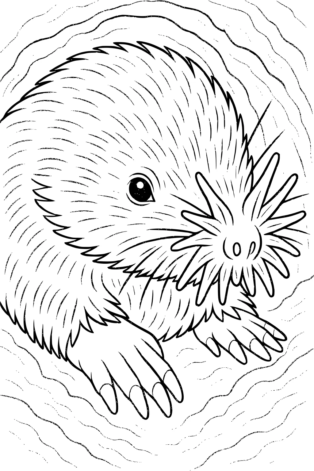 Star-nosed mole with frizzy fur, big paws, and a star-shaped nose in a round dirt tunnel.