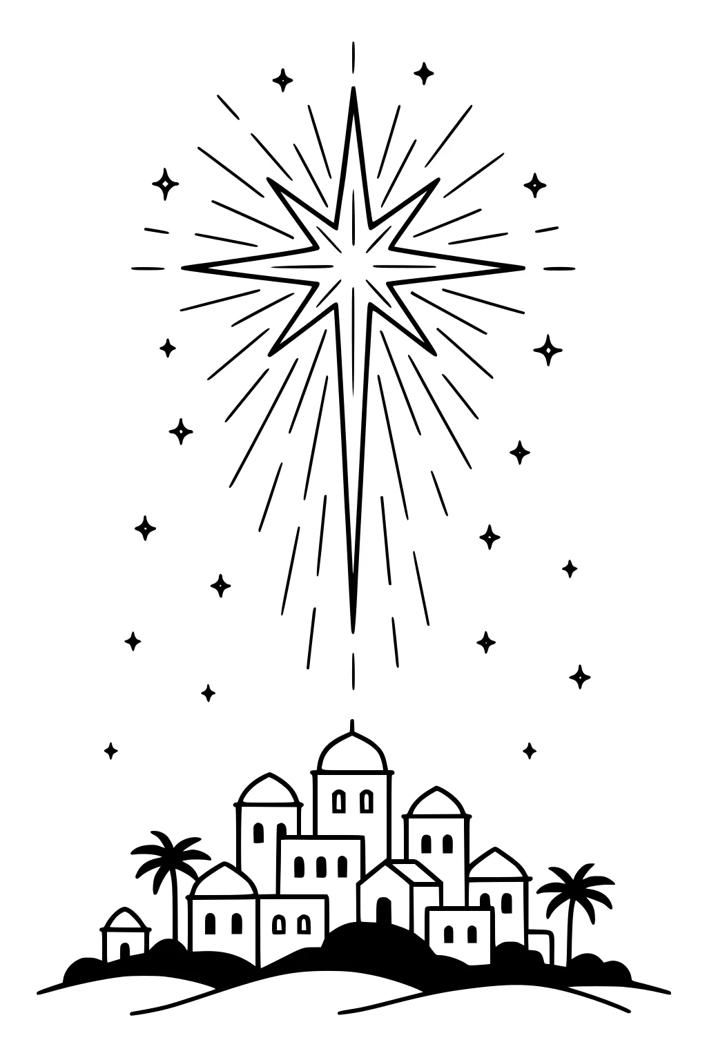 Star of Bethlehem with long beams shines above a simple town of domed houses, palms, hills, and small stars in the night sky.
