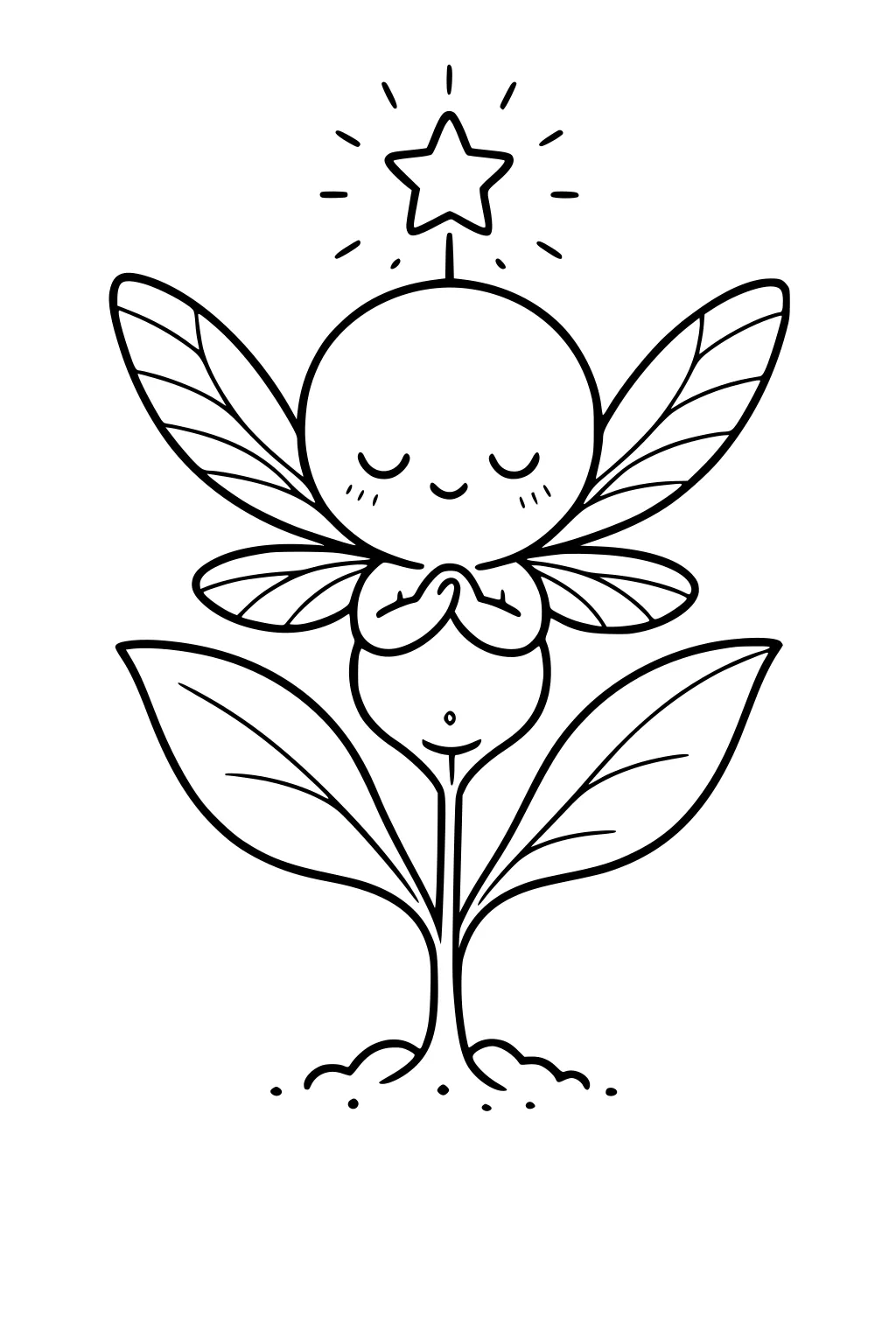 Fairy girl on a plant stem with two large leaves, wings behind her, eyes closed, hands clasped, and a glowing star above.