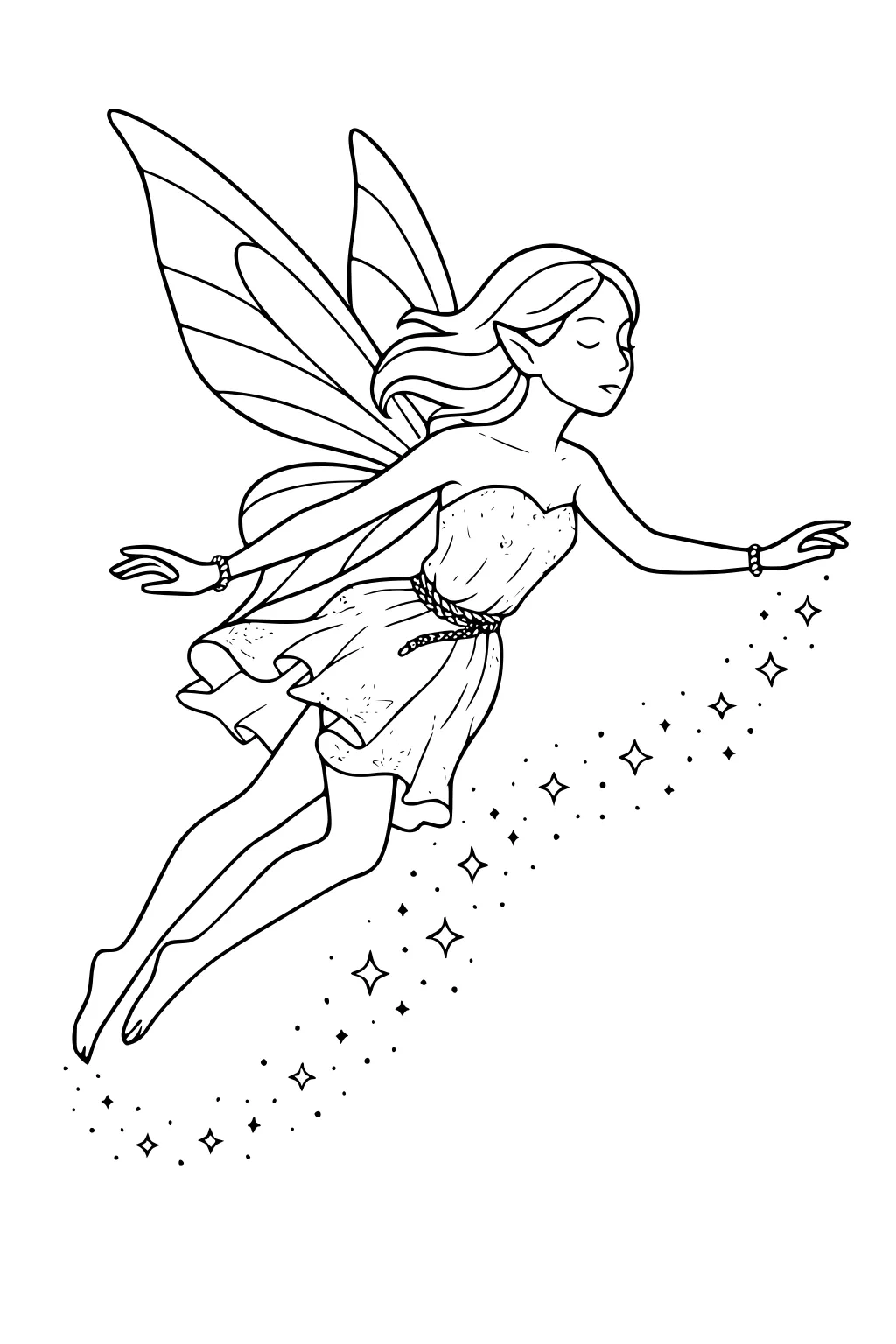 Fairy girl with large wings flies diagonally, eyes closed, in a floral dress and bracelets, leaving a starry trail on a blank background.