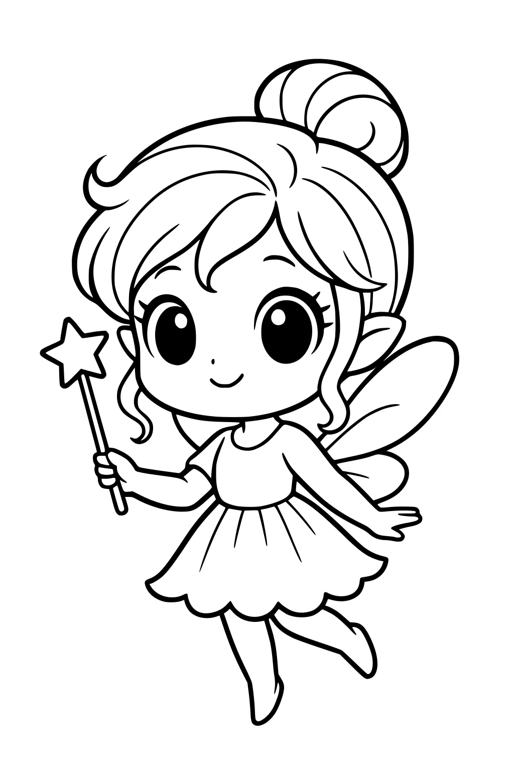 Smiling fairy girl with bun hair, star wand, scalloped dress, and leaf-like wings, floating with one leg bent on a simple white background.