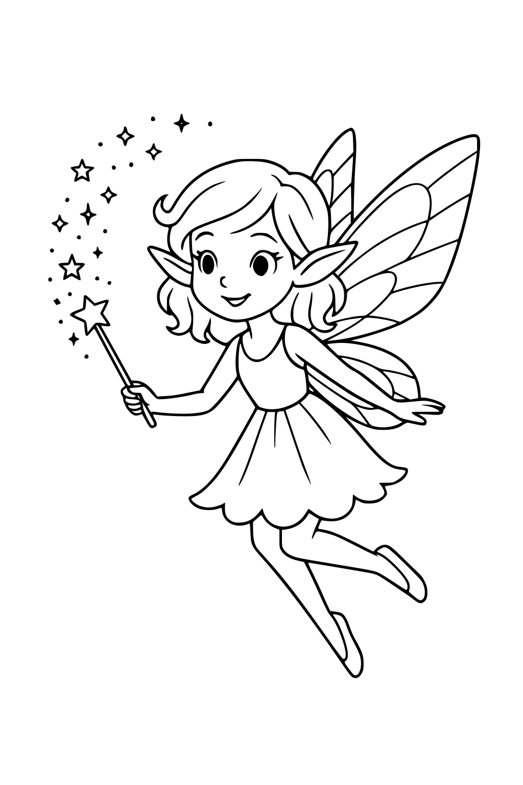 Smiling fairy girl with pointed ears and striped wings, flying with a star wand that sprinkles tiny stars.