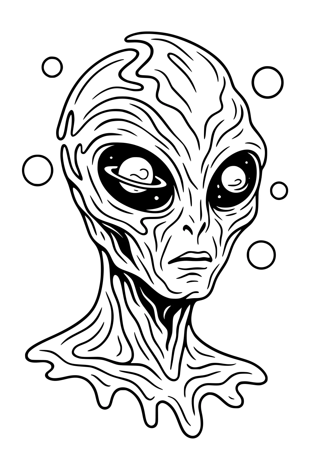 Alien bust line art with big eyes, ringed planet reflection, wavy skin texture, and floating orbs on a plain background.