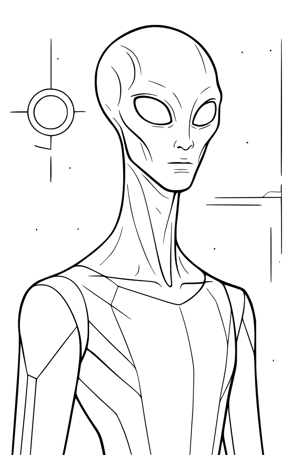 Tall alien with big oval eyes and long neck, wearing a geometric suit, with small stars and a circular panel in a minimal background.