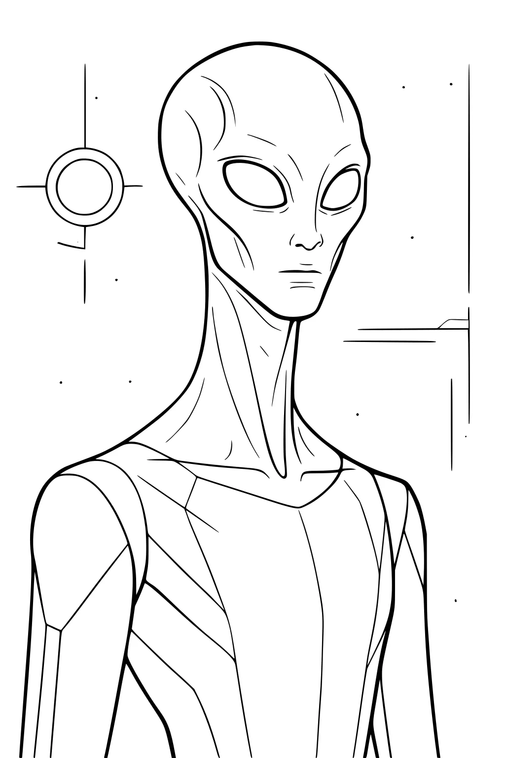 Tall alien with big oval eyes and long neck, wearing a geometric suit, with small stars and a circular panel in a minimal background.