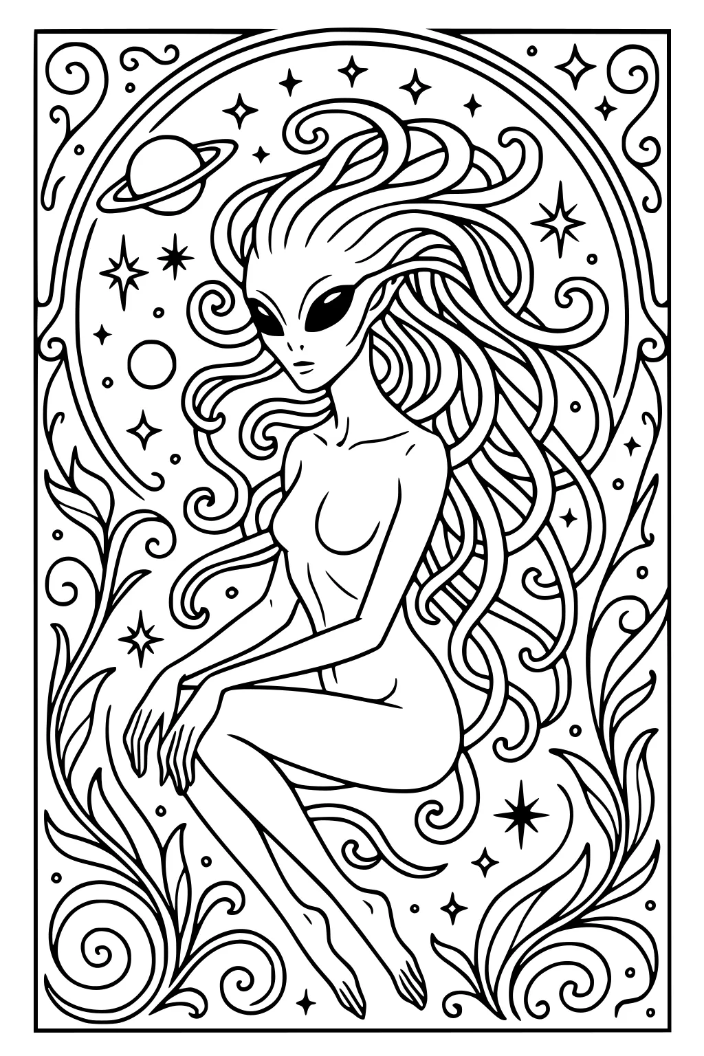 Alien girl with big eyes, long swirling hair, floating among stars and a ringed planet, framed by curls and leaf-like borders.