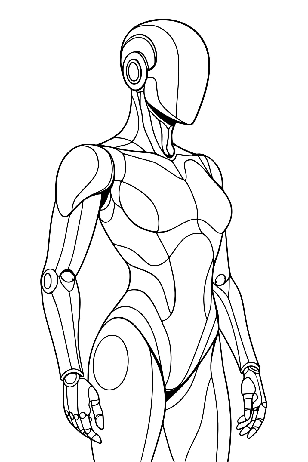 Sleek female android with faceless helmet head, panel-lined torso, jointed arms, and segmented hands, shown from head to thigh in clean line art.
