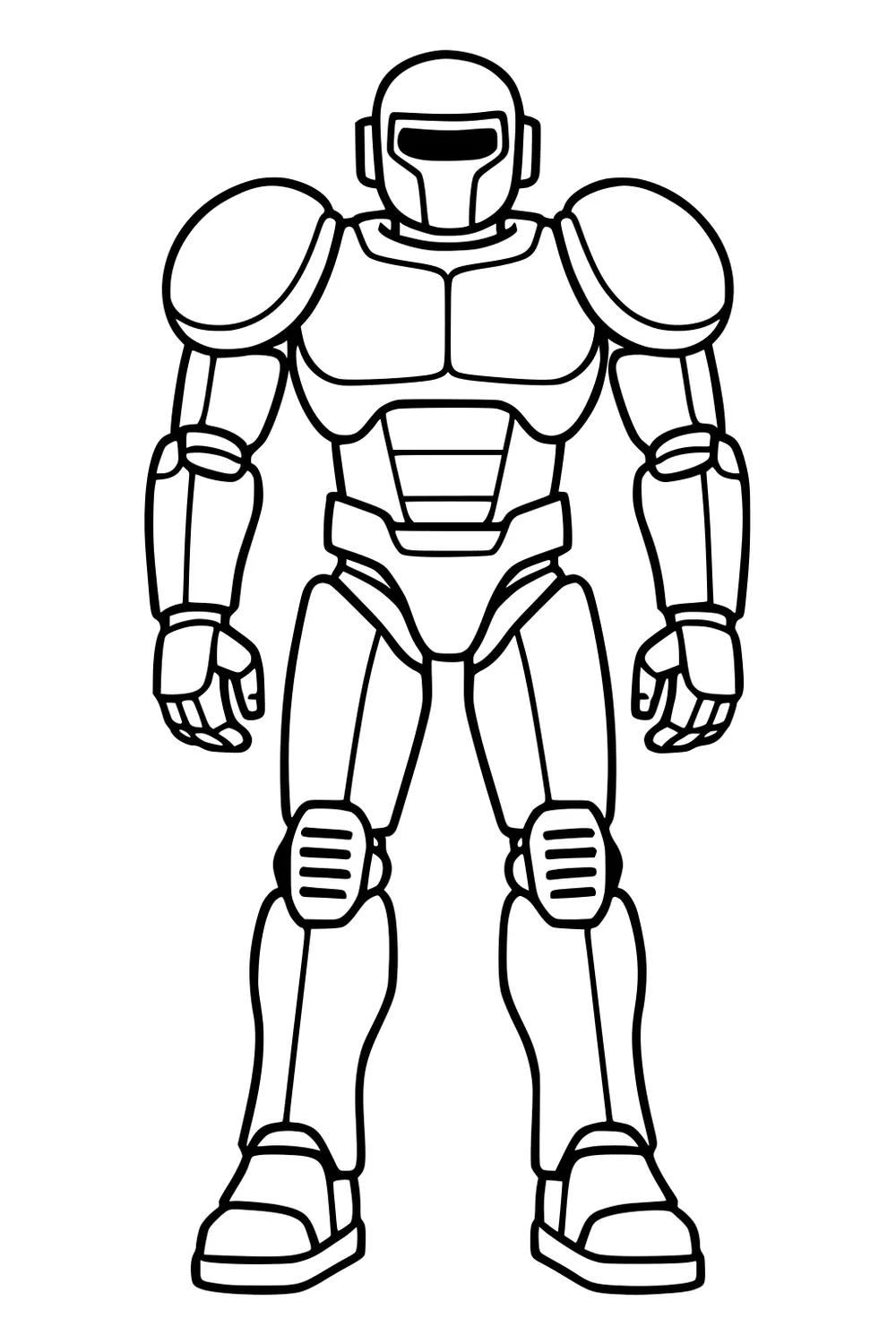Front view humanoid robot with helmet visor, rounded shoulder armor, chest plates, vented kneepads, and chunky boots outlined for coloring.