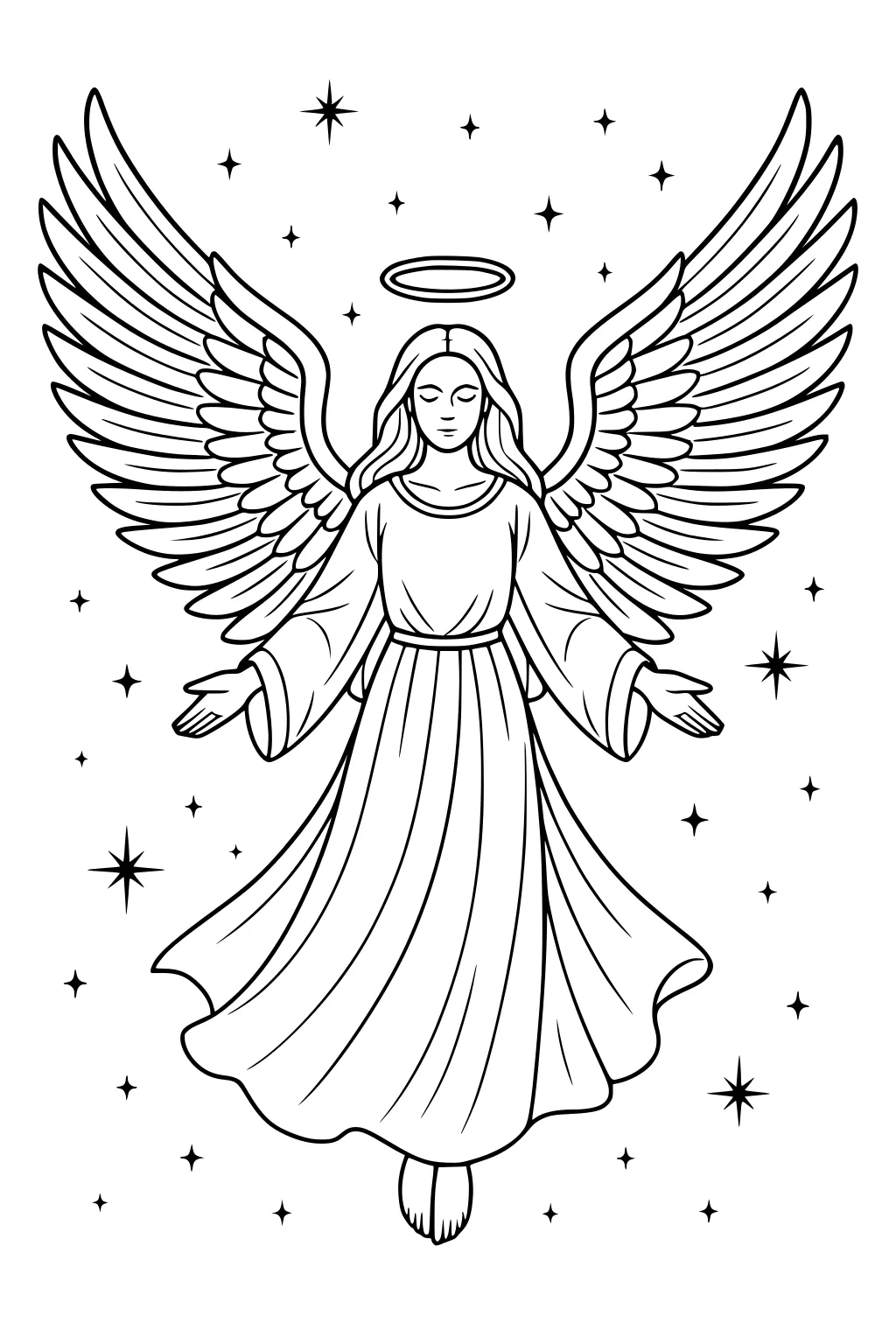 Winged angel girl with halo, arms open, flowing robe, floating among many stars in a night sky illustration.