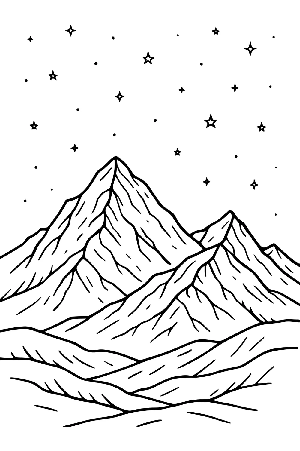 Layered mountain range with sharp peaks beneath a night sky filled with stars and dots, drawn in bold outlines with wide open spaces.