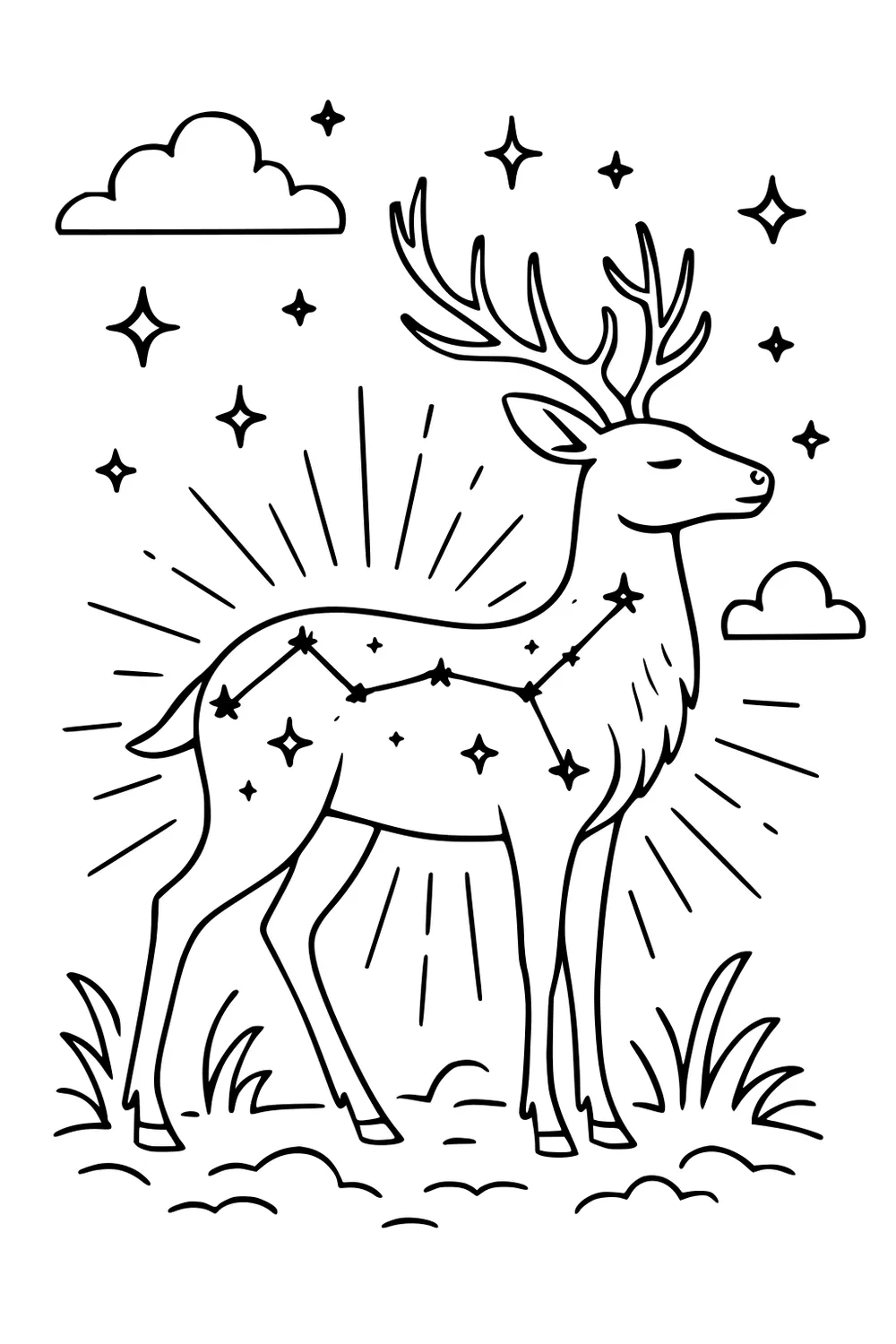 Deer with closed eyes, large antlers, standing on grass, surrounded by stars, rays, clouds, and constellation lines.