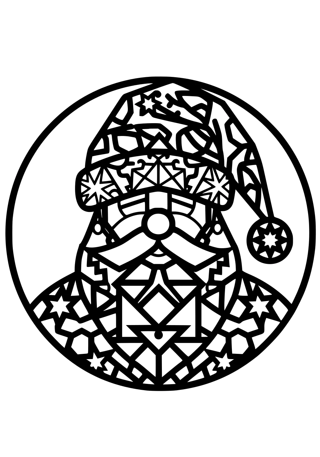Geometric Santa in circular frame, mustache, round nose, star and gift patterns, hat with sleigh and dangling ornament.