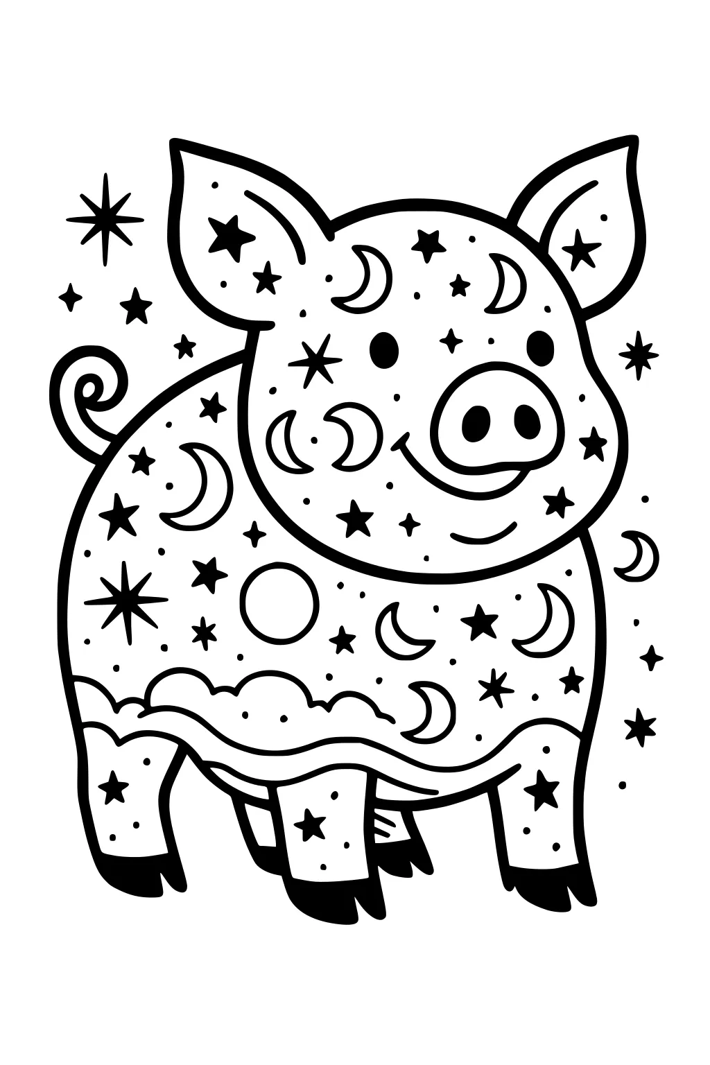 Line drawing of a smiling pig with a curly tail, covered in moons and stars, with clouds on her body and stars around her.