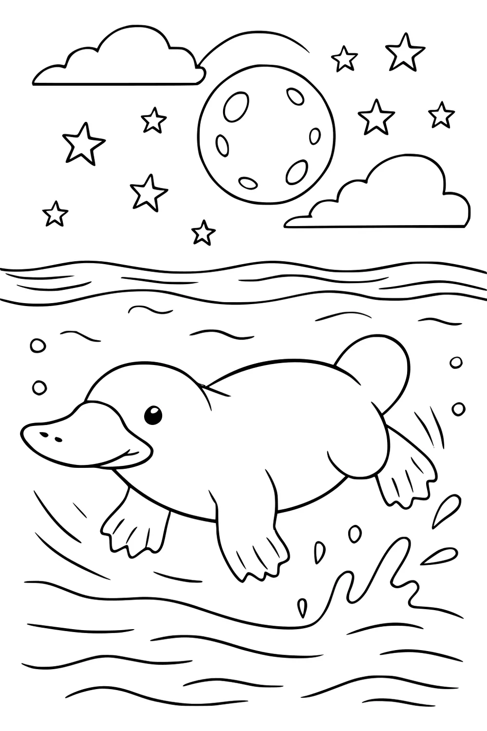 Platypus swimming at night with moon, stars, clouds, and water with splashes and bubbles.