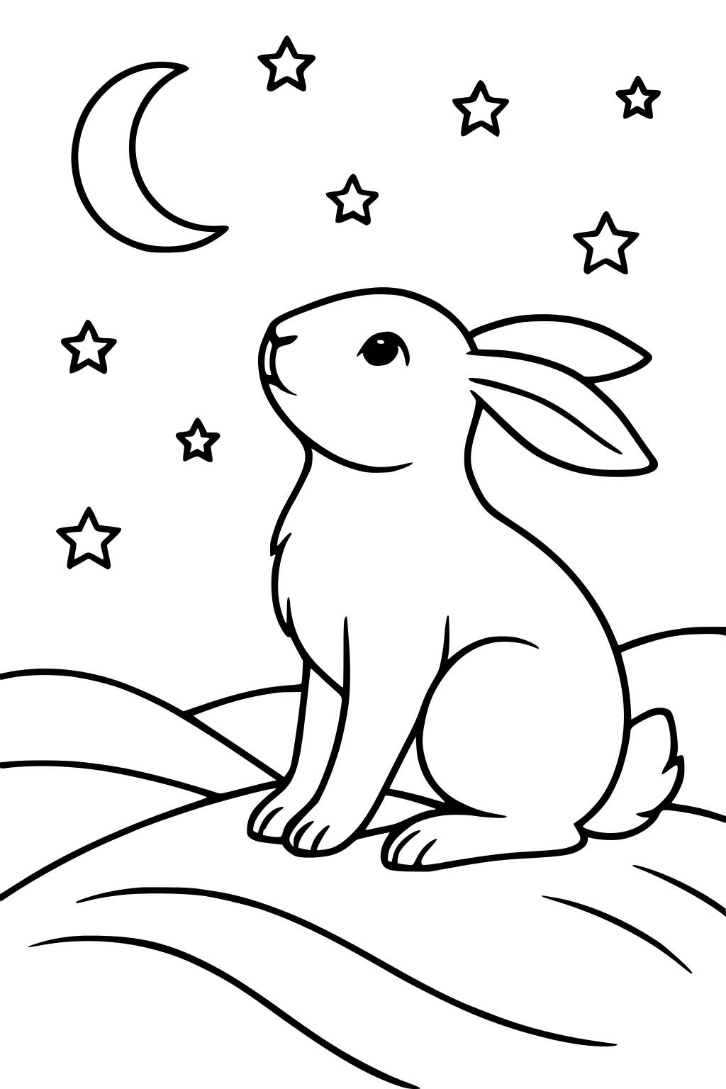 Rabbit sitting on a hill, looking at a crescent moon and stars in the sky.