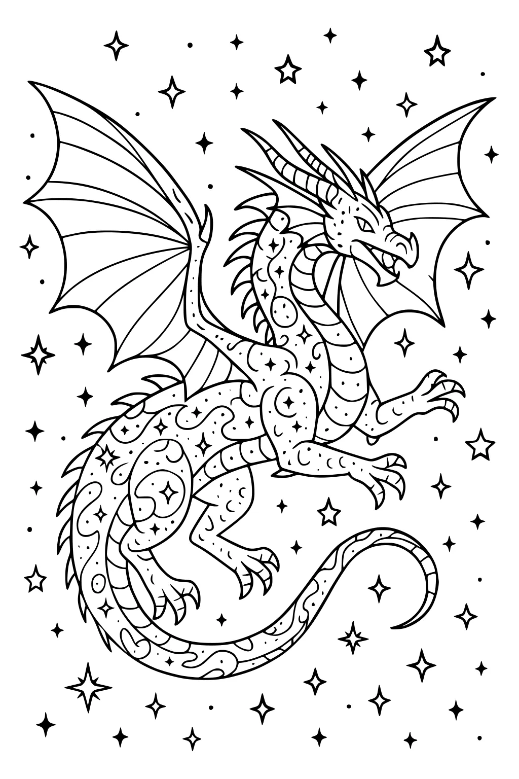Winged dragon flying with curled tail and starry scales, surrounded by small stars in the sky.